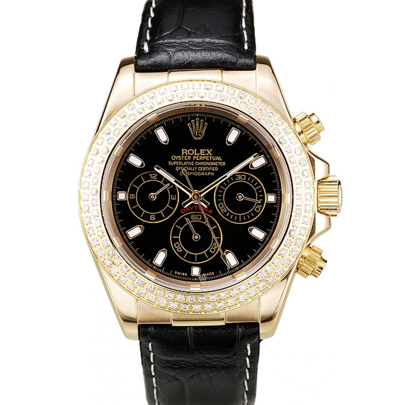 Aaa replica watch Crystal Daytona Dial Rolex Case Black Bezel Studded Gold 0707